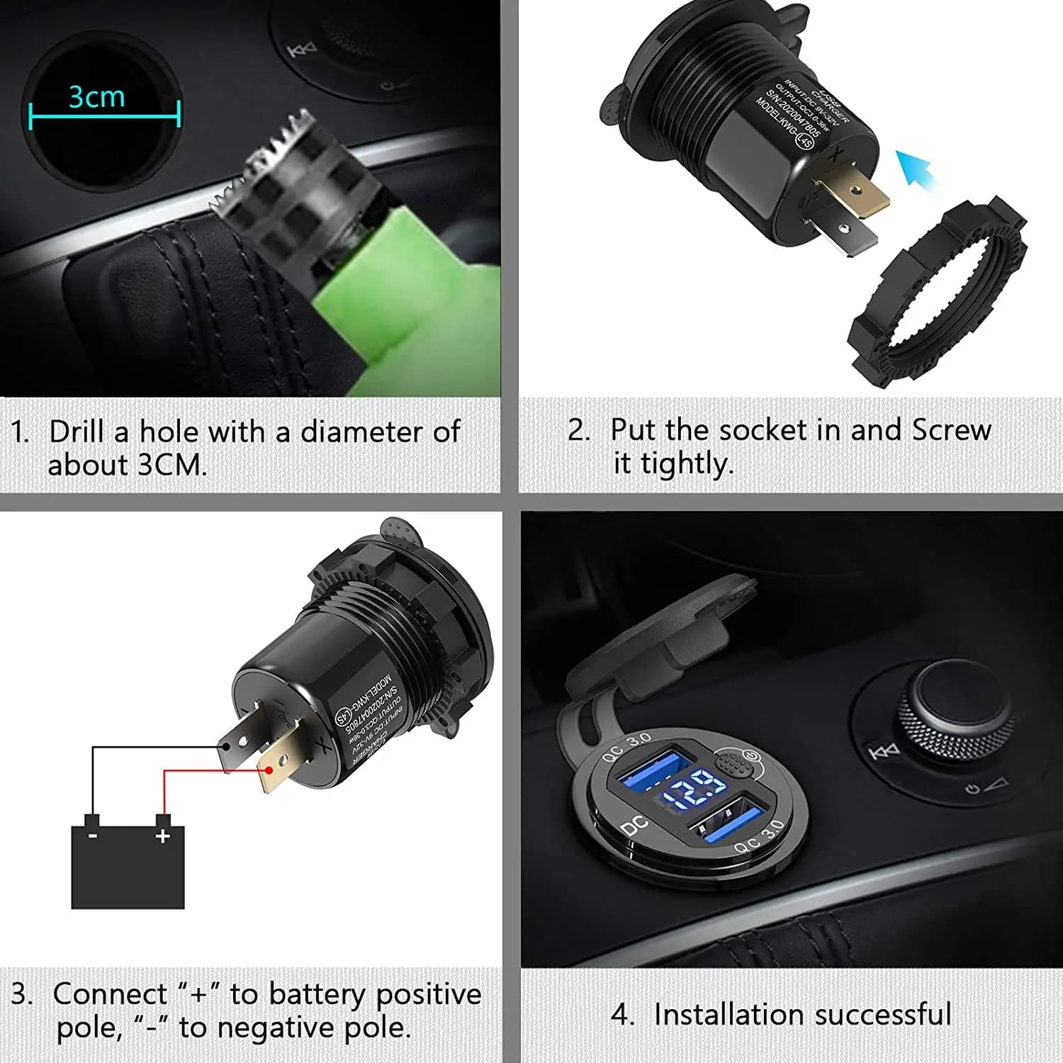 Adaptateur de chargeur automatique QC3.0 36W étanche avec interrupteur de voltmètre, prise de charge