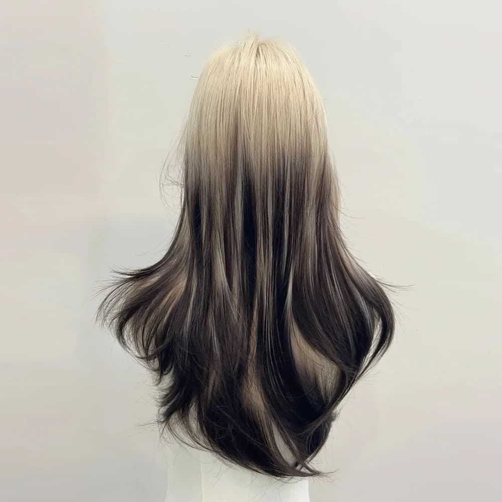 Perruque synthétique superposée noire Blonde ombrée pour Cosplay Lolita, perruque longue et lisse av