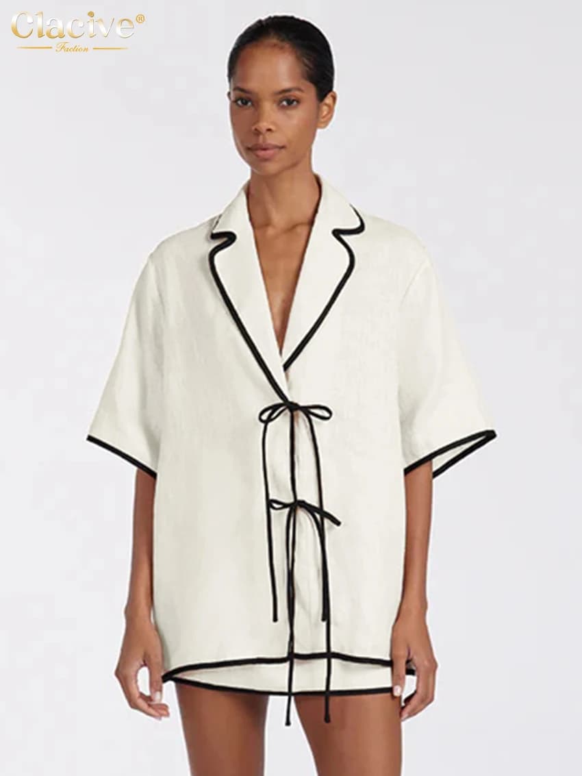 ClacMarkets-Ensemble 2 pièces en coton beige pour femme, chemise à manches mi-longues, mini jupe tai