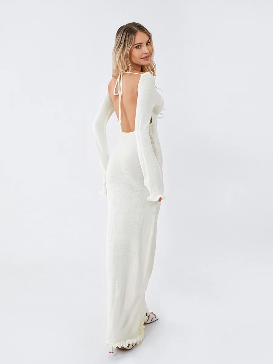Robe moulante tricotée pour femmes, manches longues, cravate, dos nu, col rond, couleur unie, garnit