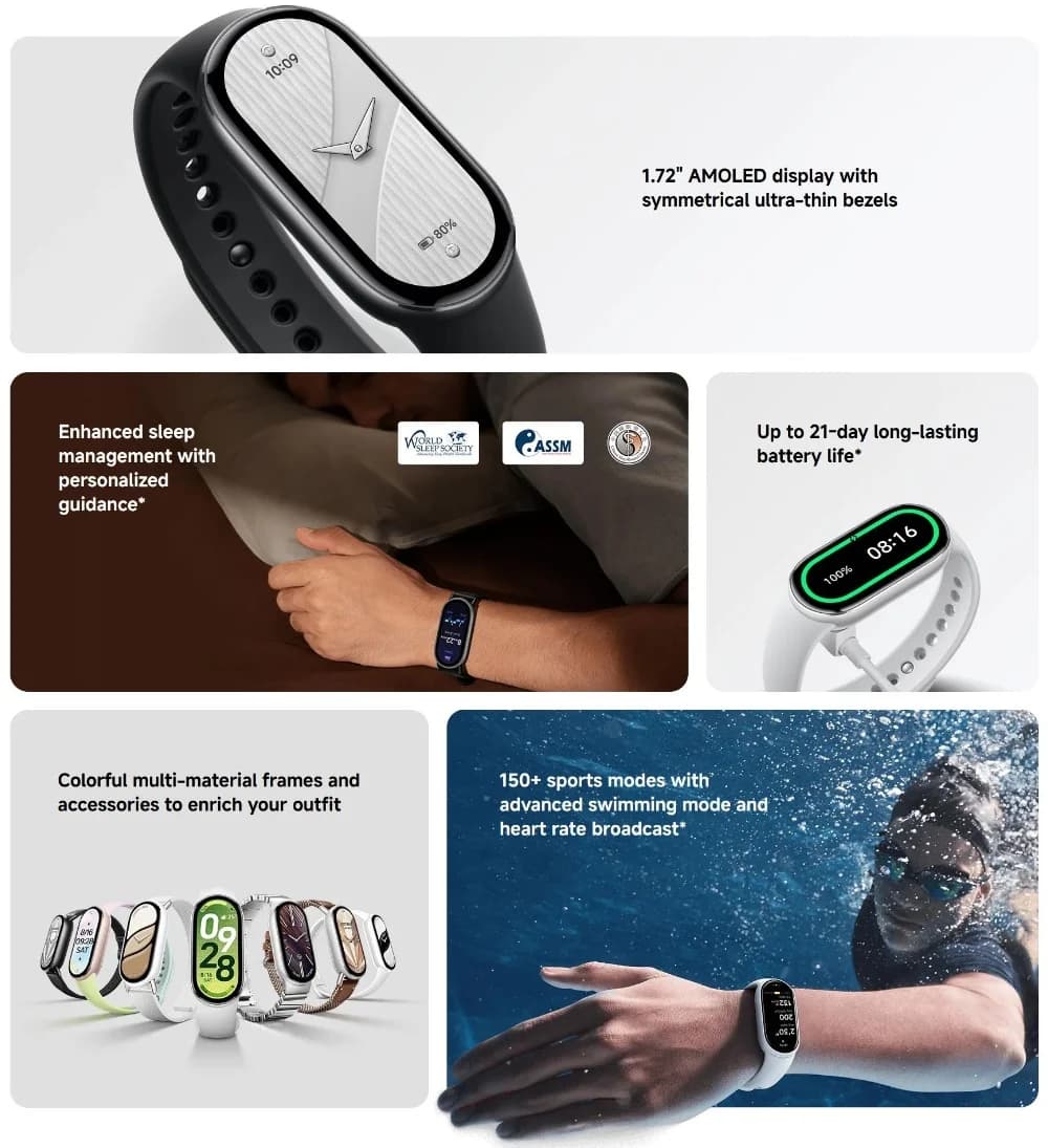 Version mondiale Xiaomi Smart Band 10, 150+ modes sportifs, surveillance du sommeil, écran AMOLED de