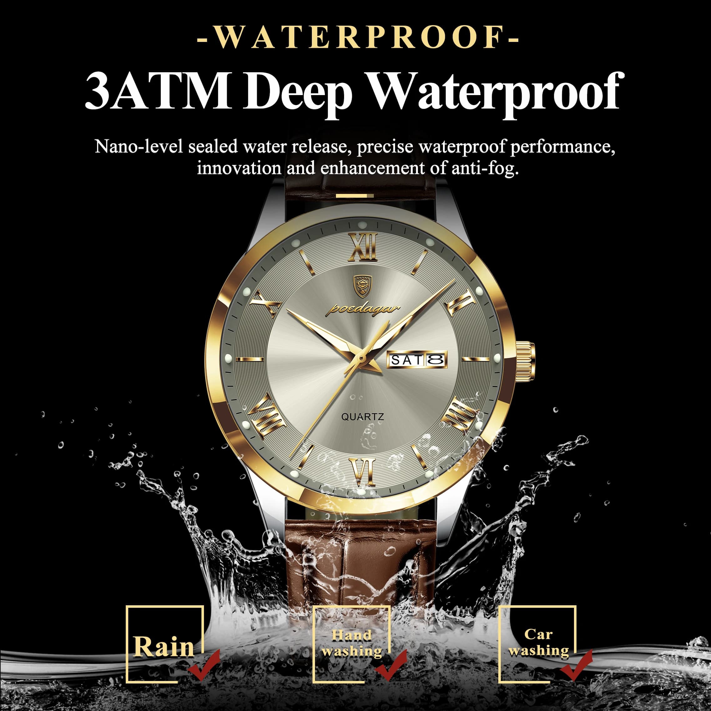 POEDAGAR Original montre de mode pour homme en cuir Date semaine Quartz hommes montre étanche lumine