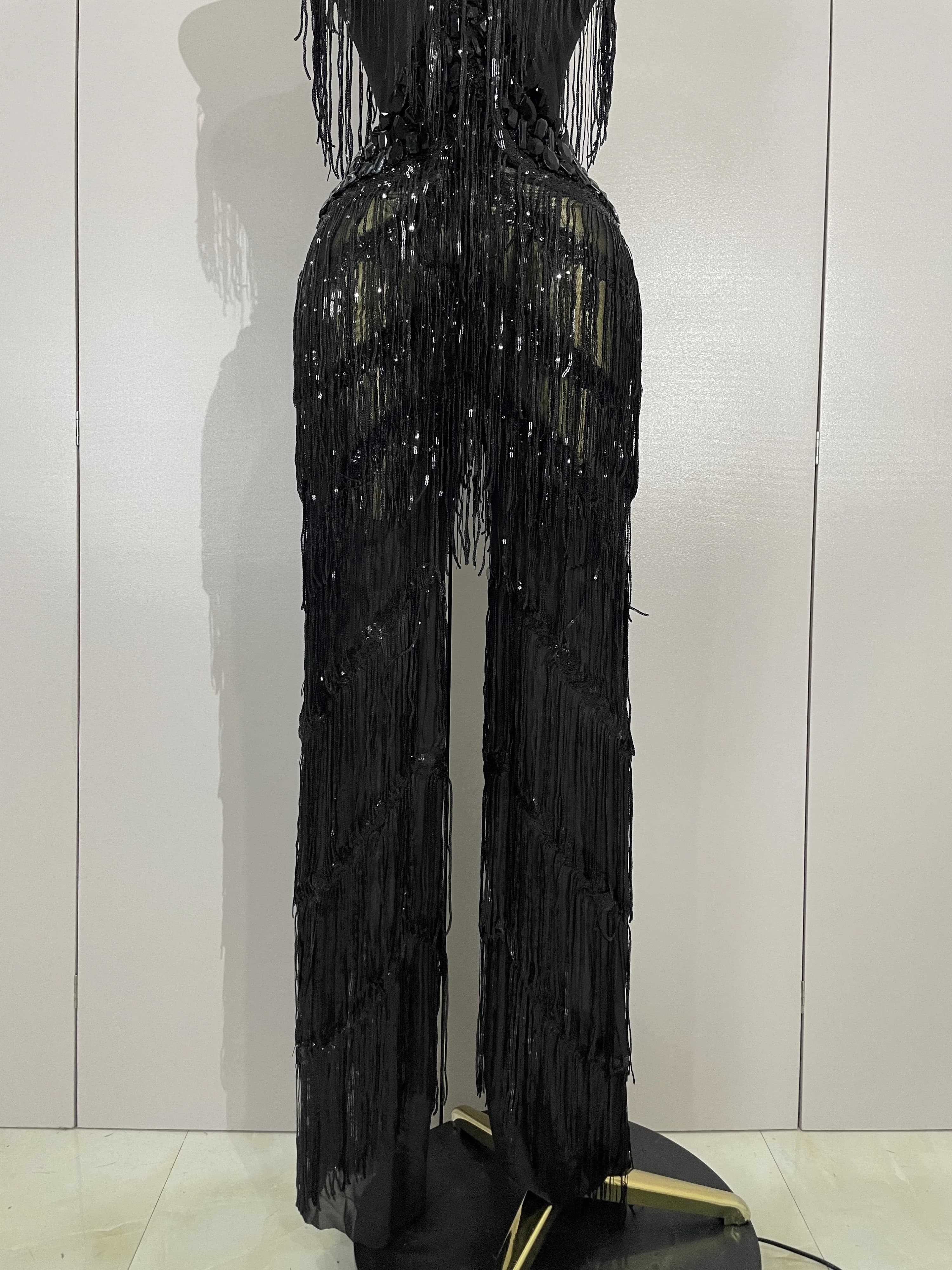 Combinaison à franges et paillettes pour femmes, strass noirs scintillants, tenue Sexy pour boîte de