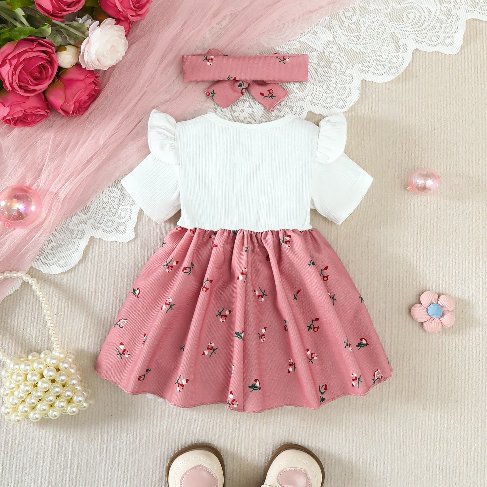 2 pièces/ensemble bébé fille robe petit Floral grand nœud été, robe + bandeau ensemble adapté pour 0