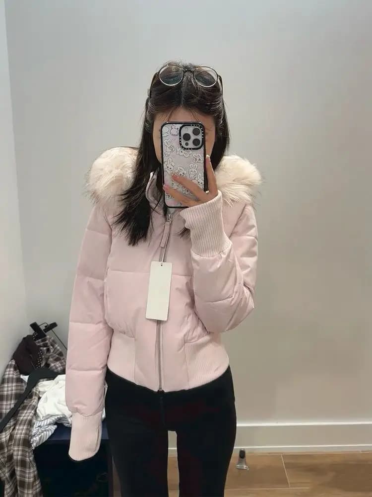 Manteau en coton à capuche avec col en fourrure rose pour femme, vent doux, nouveau style coréen, ép