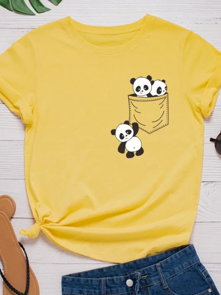 Poche Panda imprimer femmes t-shirt à manches courtes col rond lâche femmes t-shirt dames mode t-shi