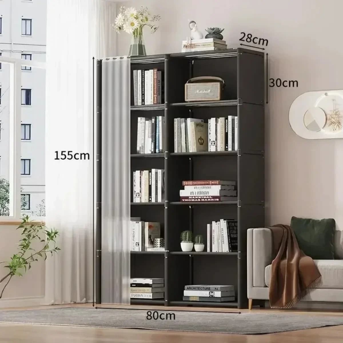 Support de rangement multicouche, armoire de rangement anti-poussière multifonctionnelle avec rideau