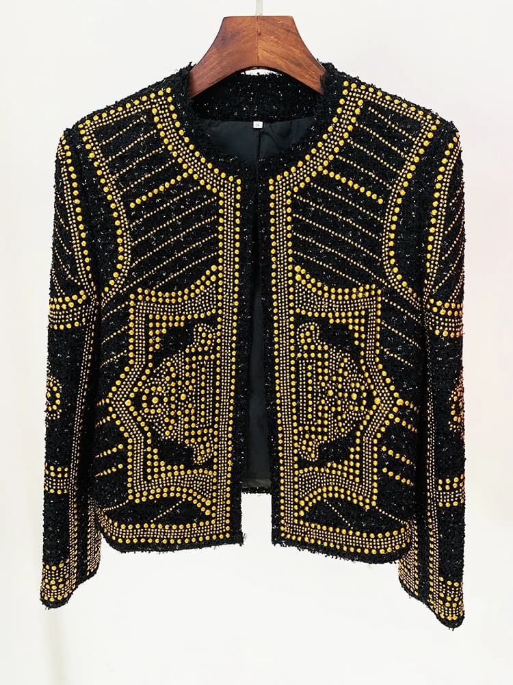 HIGH STREET Nouveauté 2026 Automne/Hiver Veste de créateur pour femme en tweed ornée de rivets métal