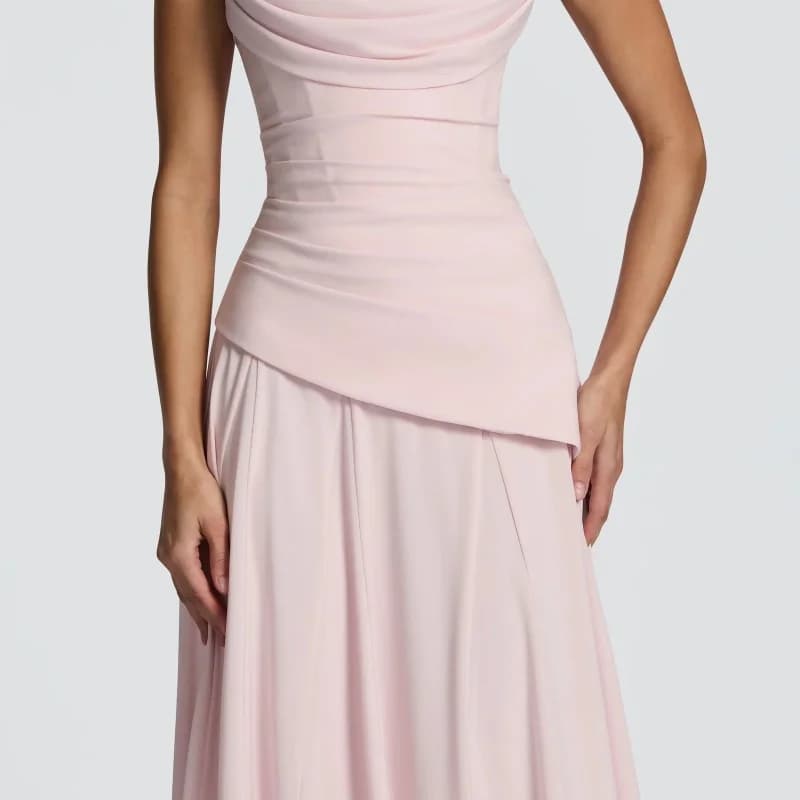 Robe de soirée rose poudré pour femme, col bénitier, dos froncé, à lacets, sans manches, élégante, p