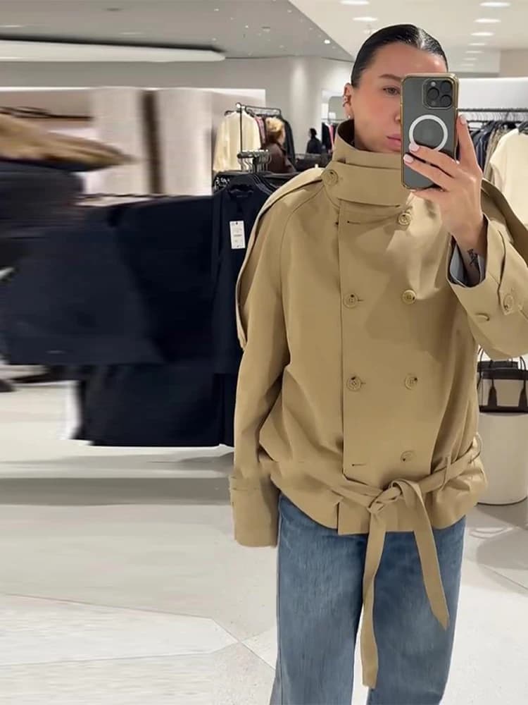 Élégant Trench-coat Femme à Col Montant, Double Boutonnage, Lacets, Manches Longues, Coupe-Vent, Nou
