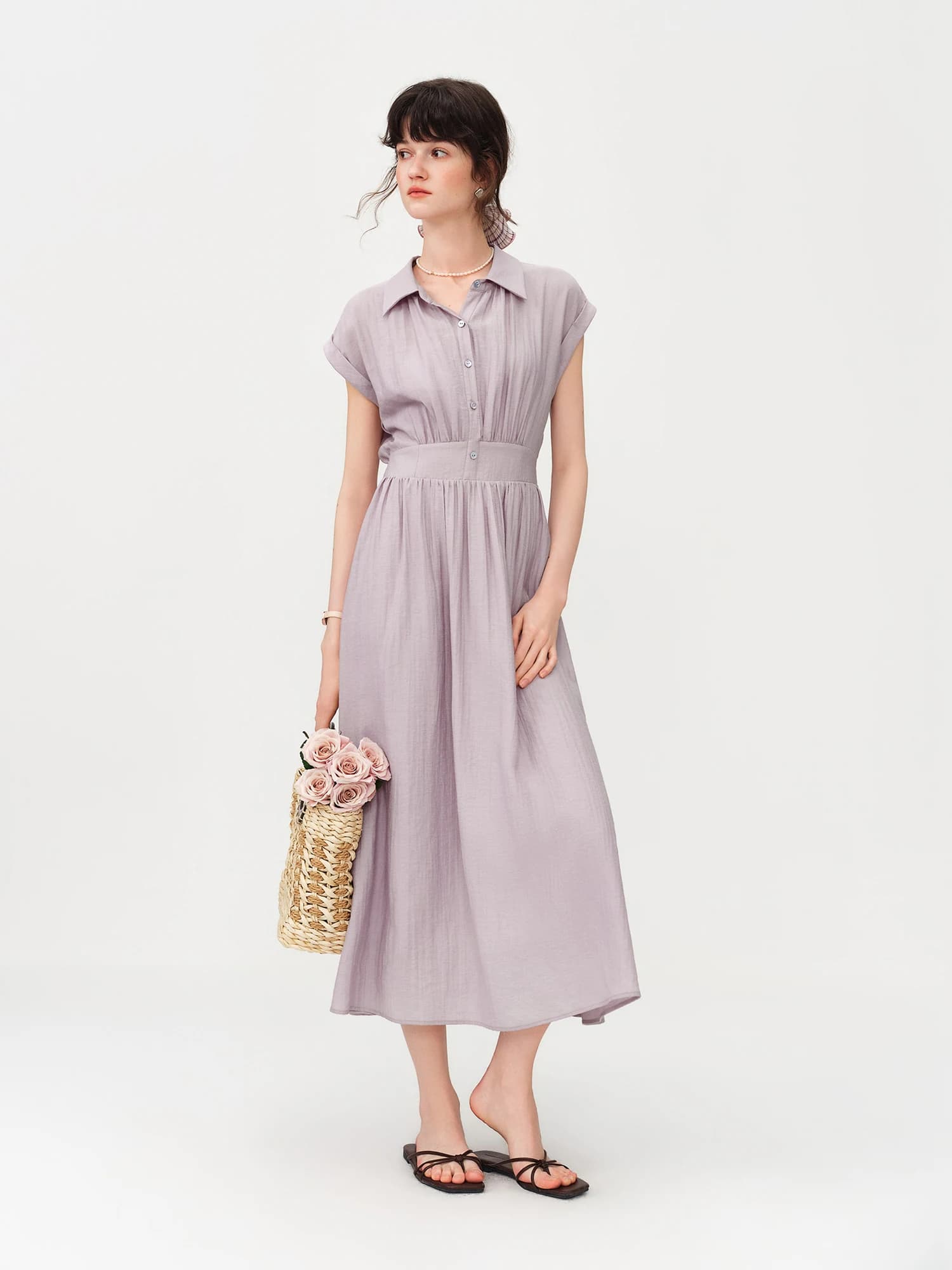 Robe mi-longue en lin coupe trapèze à col rabattu sans manches et taille ajustée en tissu Lyon, nouv