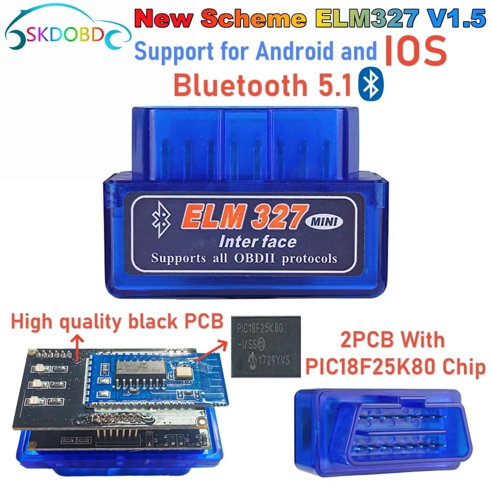 ELM327 Bluetooth 5.1 Mini ELM327 v1.5 avec puce PIC18F25K80 OBD2 Scanner de voiture outil de Diagnos