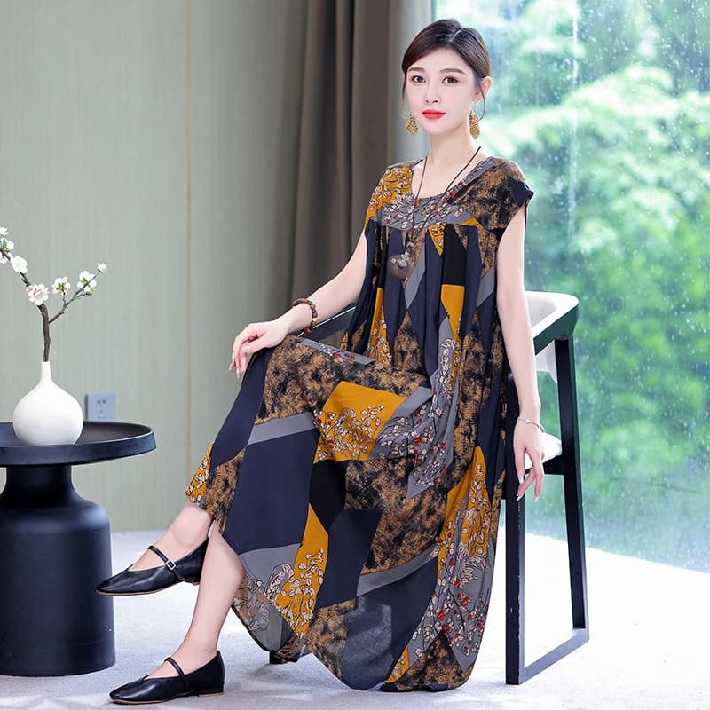 Nouvelle Collection Tendance : Robe Décontractée Été 2026 Imprimée Ample Col Rond en Coton pour Femm