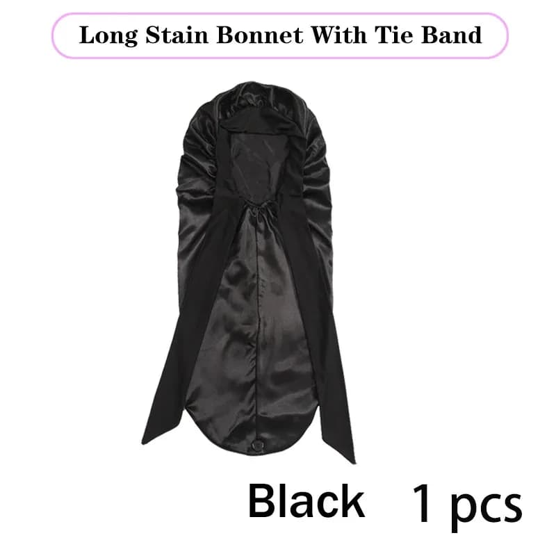 Bonnet de nuit Long en Satin pour femmes noires, couleur unie, Extra Large, avec cravate longue, Bon