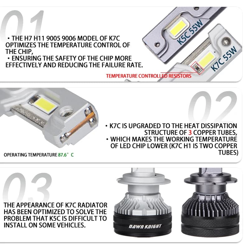 DAWNKNIGHT K7C 4300K H7 H4 H11 lampe à LED 3 tubes de cuivre lumières LED pour voiture H1 HB3 9005 H