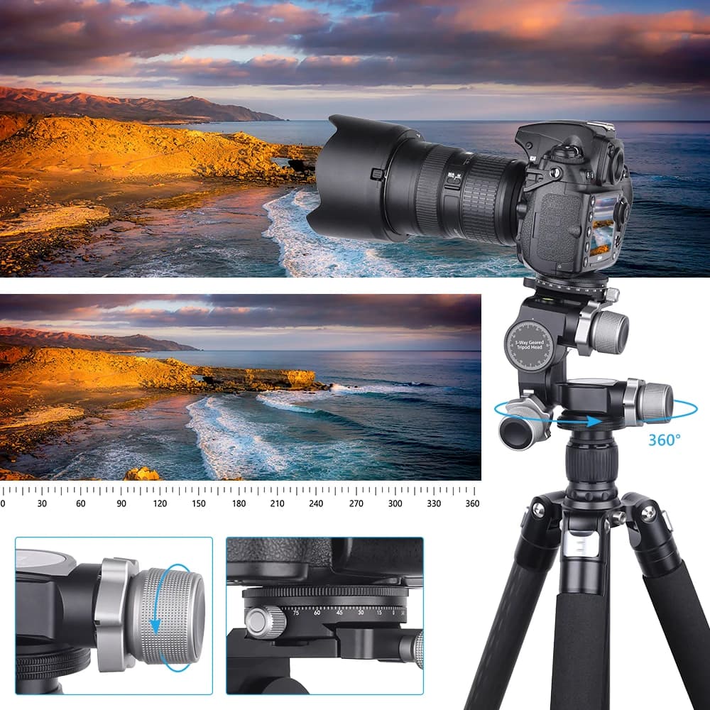 VICELK GH5 Tête de trépied à engrenages 3 voies avec plaque QR de type Arca, micro réglage du millim