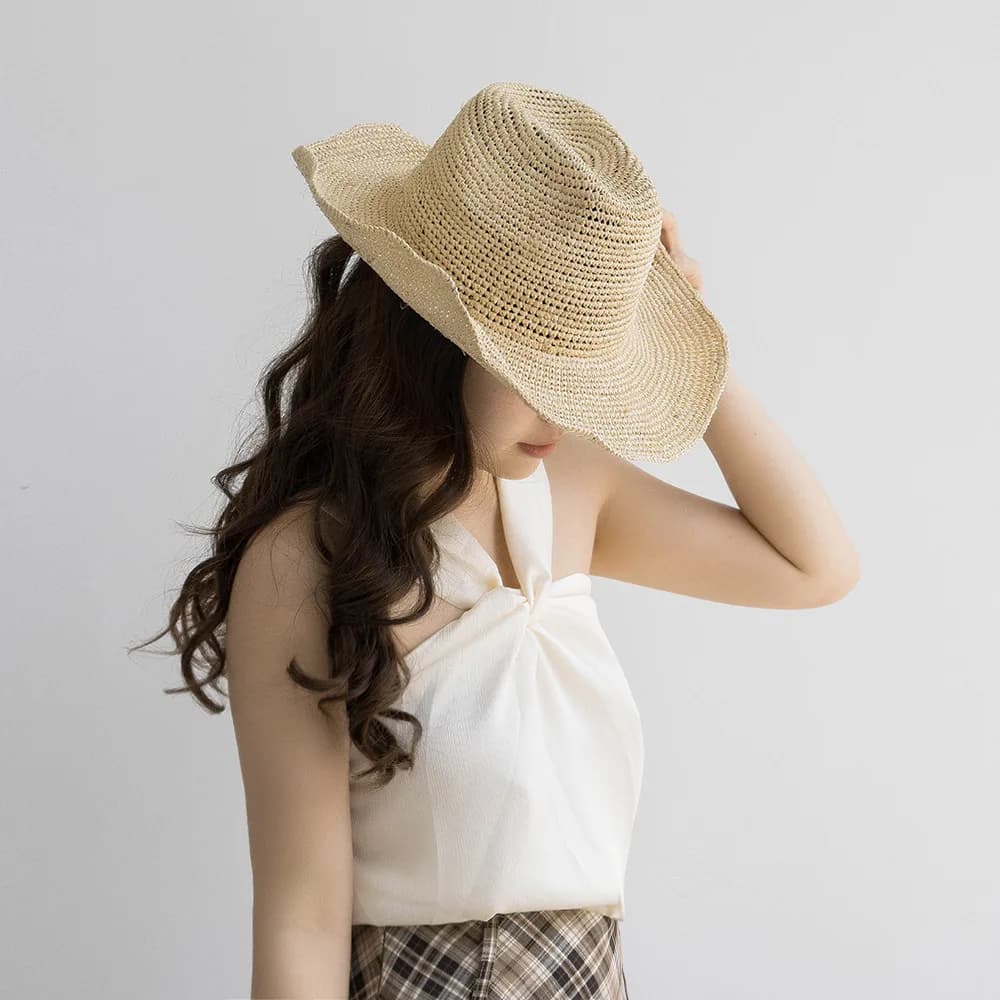 USPOP nouveau printemps été mode décontracté Simple Crochet raphia Cowboy chapeau avec bord bouclé e