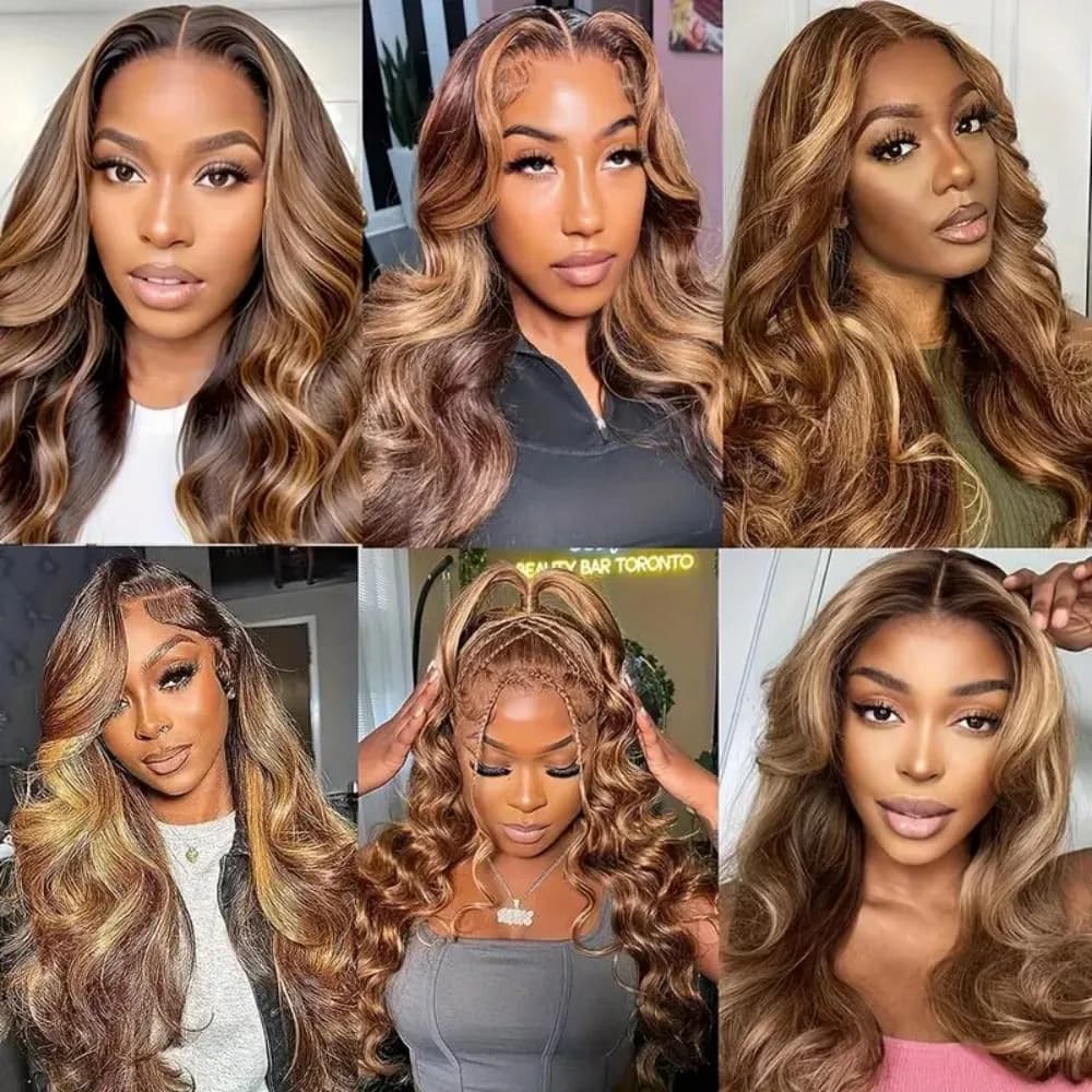 Perruques Lace Front 13x4 HD Highlight Body Wave en Cheveux Humains pour Femmes, Sans Colle, Pré-Plu