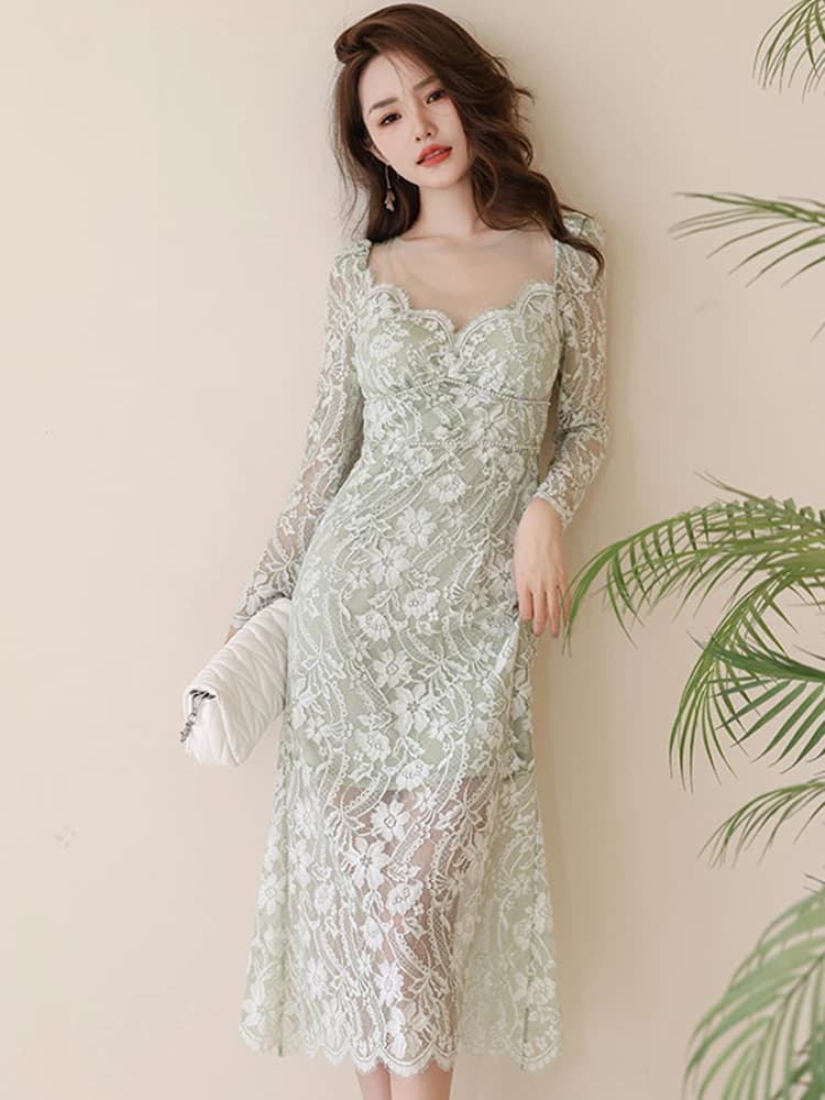 Robe maxi en dentelle transparente pour femme, robe de soirée, robe de vacances, dentelle transparen