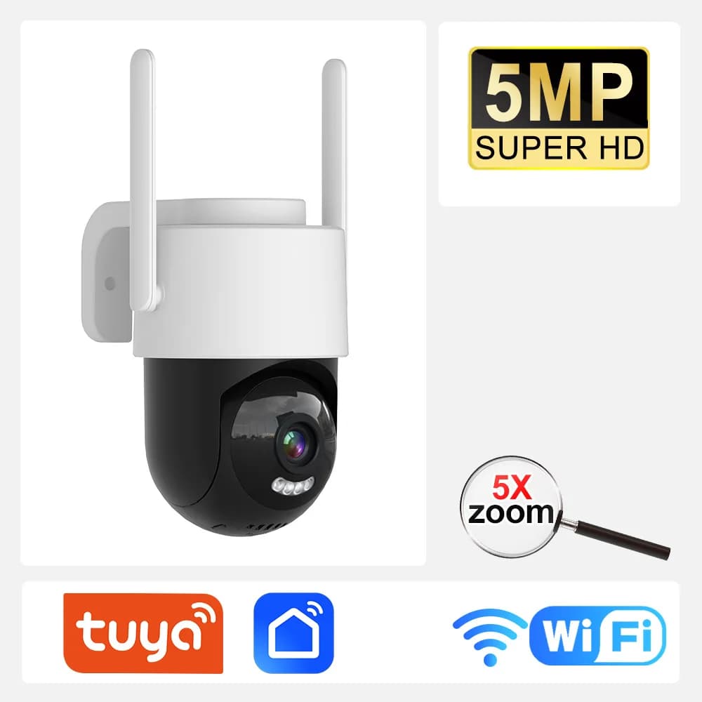 Caméra IP de sécurité extérieure Tuya Wifi PTZ avec zoom 5X, vision nocturne couleur 5MP, suivi huma