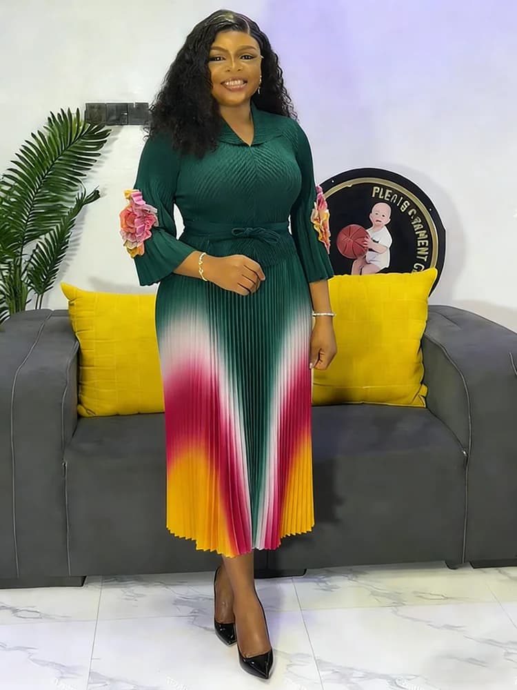 EGRM – robe Miyaki à revers, manches lanternes, ceinture, taille amincissante, dégradé plissé, jupe 