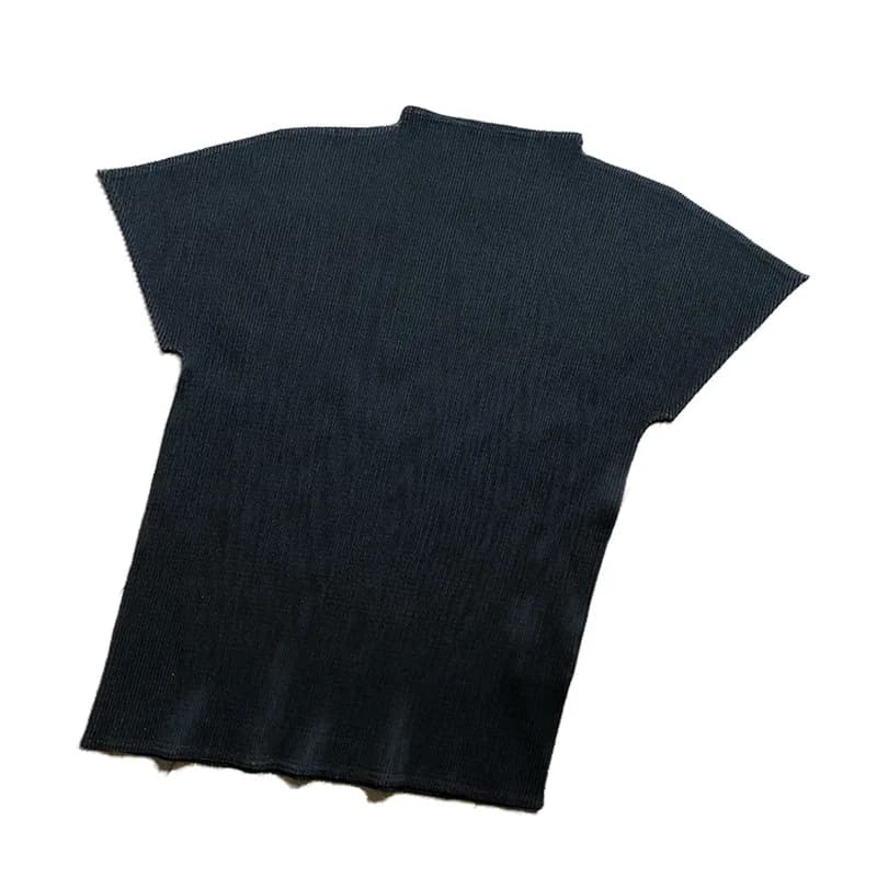 T-shirt à manches courtes plissé pour femme, haut blanc, col mi-haut, noir, mode adt, haute qualité,