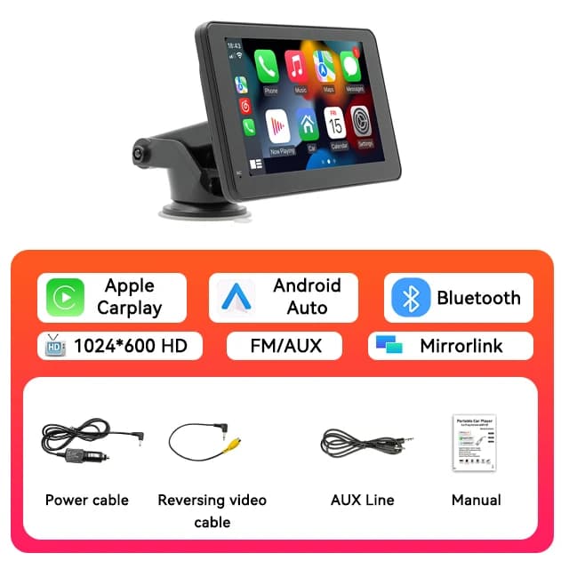 Autoradio MP5 portable 7 pouces avec Carplay et Android Auto sans fil, caméra de recul, écran tactil