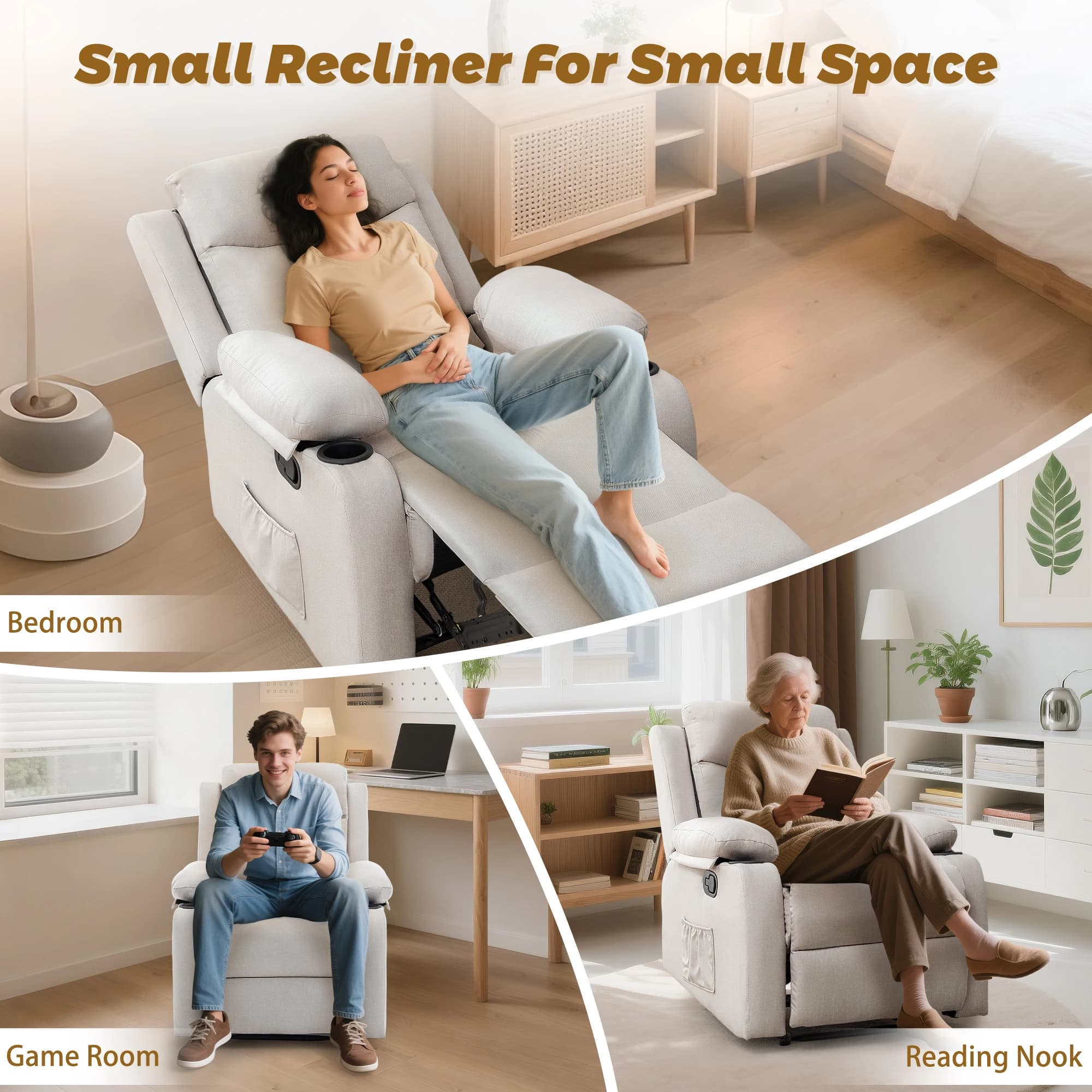 Korser Petites fauteuils inclinables pour petits espaces, chaise inclinable manuelle avec porte-gobe