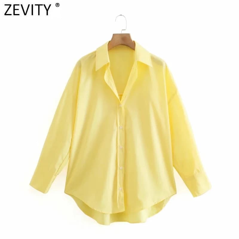Zevity – Chemise en popeline à manches longues pour femmes, simple, Slim, décontractée, couleur bonb