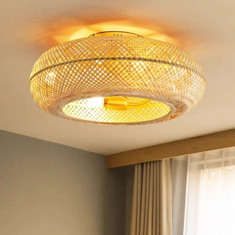 Ventilateur de plafond en bambou avec lumières, télécommande, lampe de décoration de chambre à couch