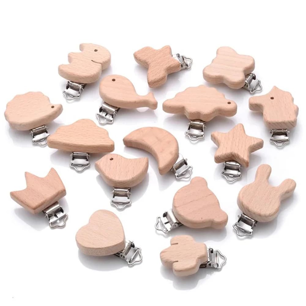 Sucette en bois de hêtre pour bébé, 5 pièces, sucette animale en bois de hêtre, support à Clips méta