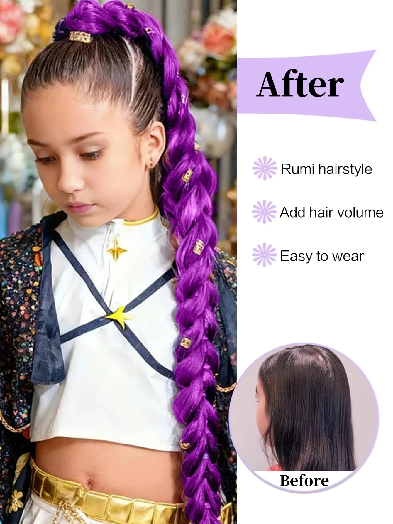 32 pouces tressé violet cheveux queue de cheval avec guirlandes perruque Super Extensions brillant g