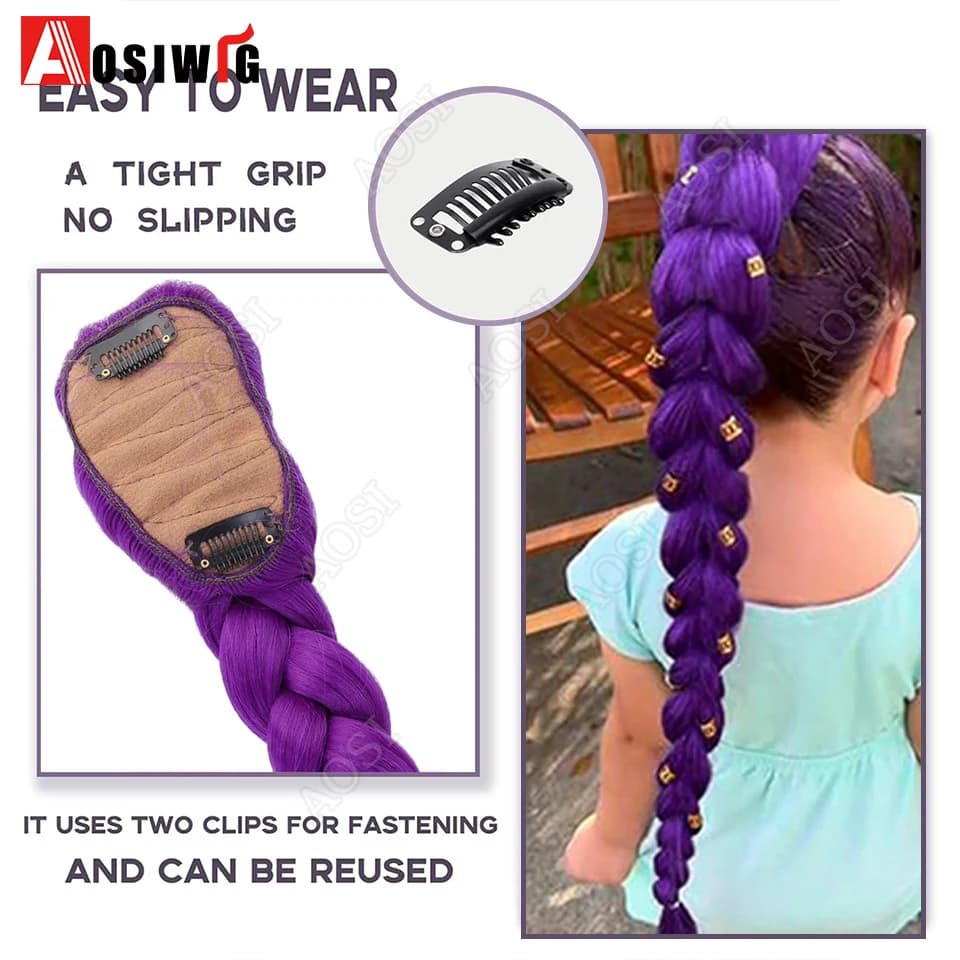 Queue de cheval tressée synthétique violette, coiffure de Costume longue de 26 pouces avec Clips pou