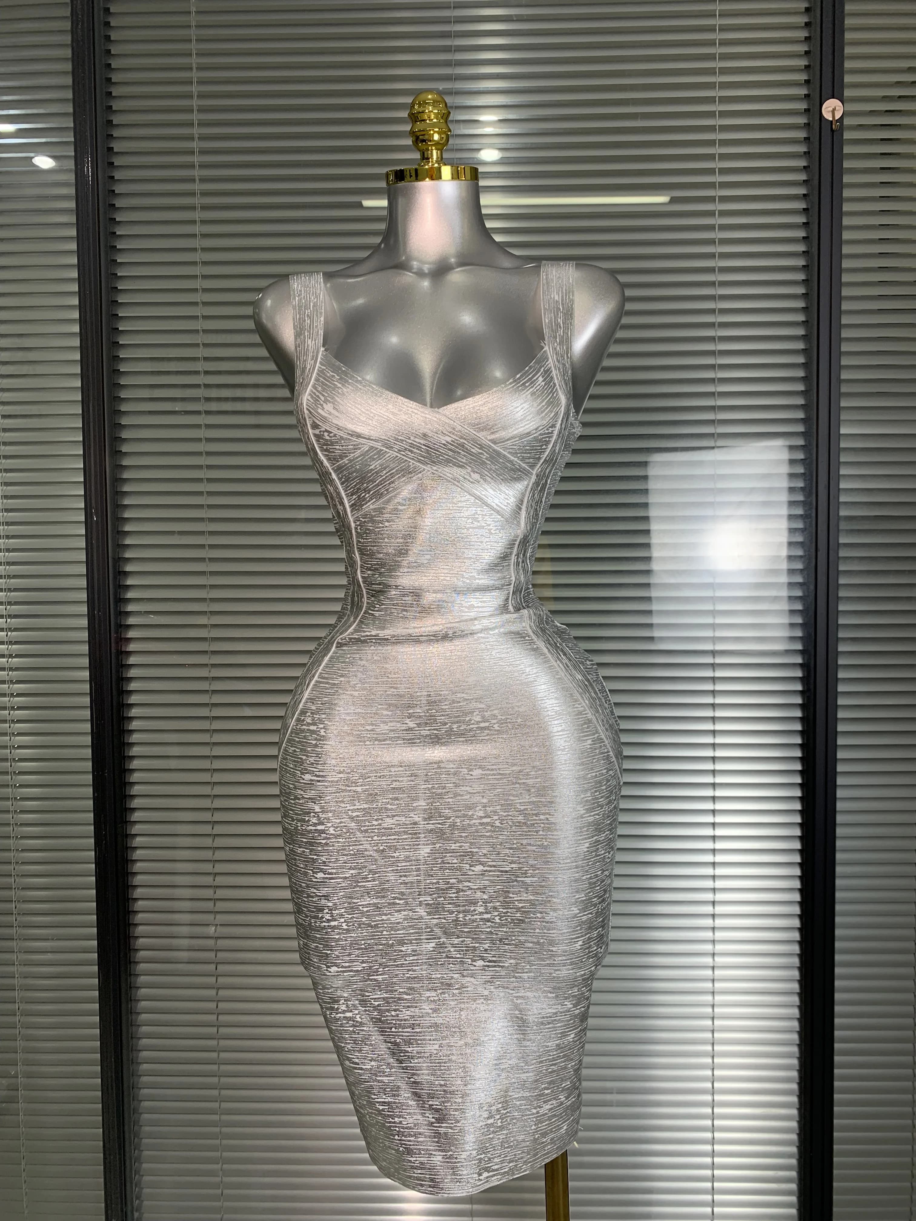 Robe à bandes moulante pour femmes, flambant neuf, Sexy, bronzante, argent, célébrité, mode, rue, ro