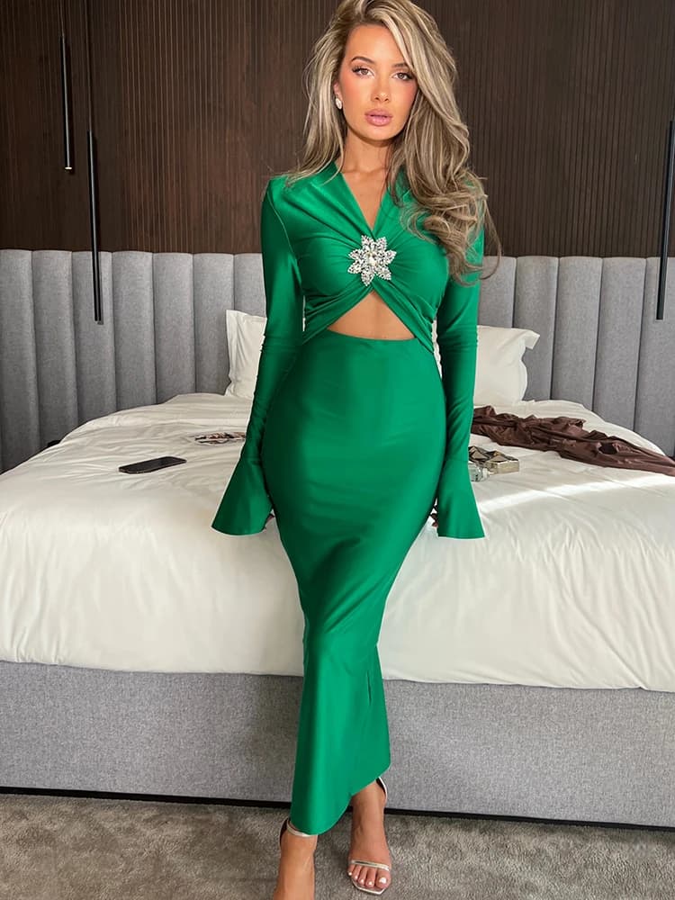 Mozision élégant évider Sexy robe Maxi pour les femmes printemps nouveau col en V manches longues év