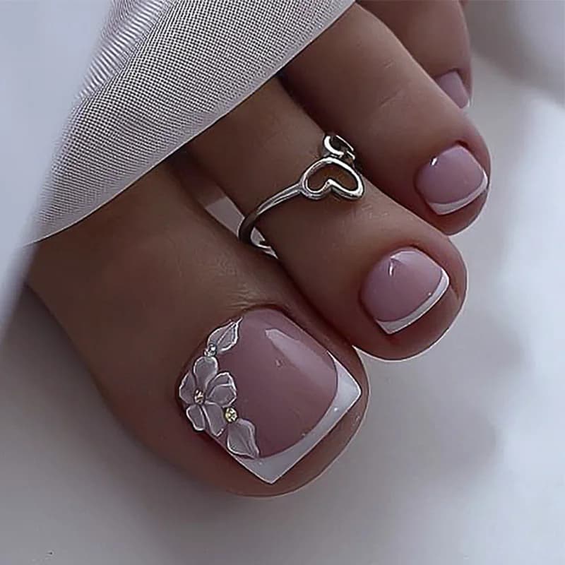 Faux ongles français pour orteils, avec cœur, Design strass, bord blanc, presse d'été sur les ongles