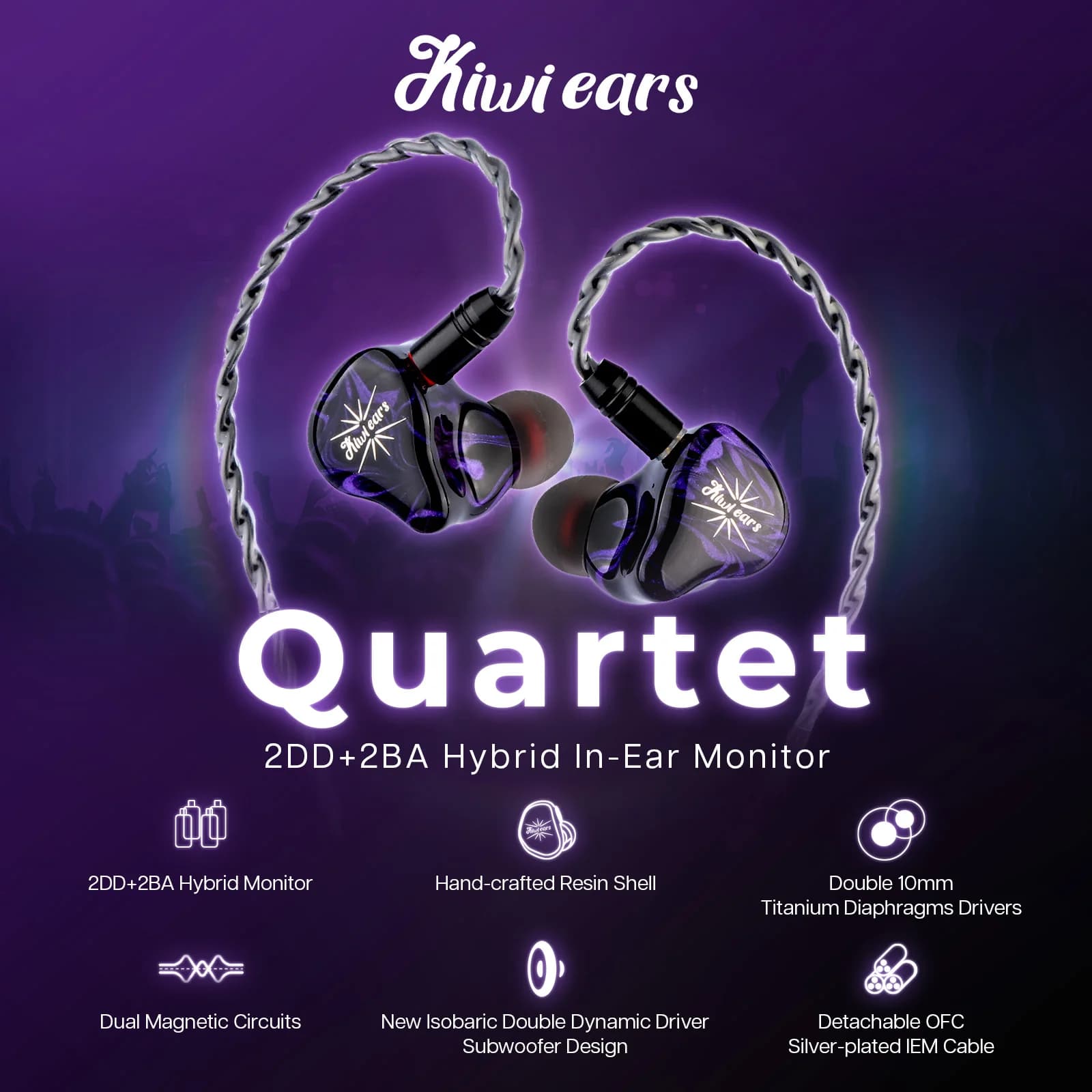 Linsoul Kiwi oreilles Quartet 2DD + 2BA moniteur intra-auriculaire hybride 10mm titane pilote dynami