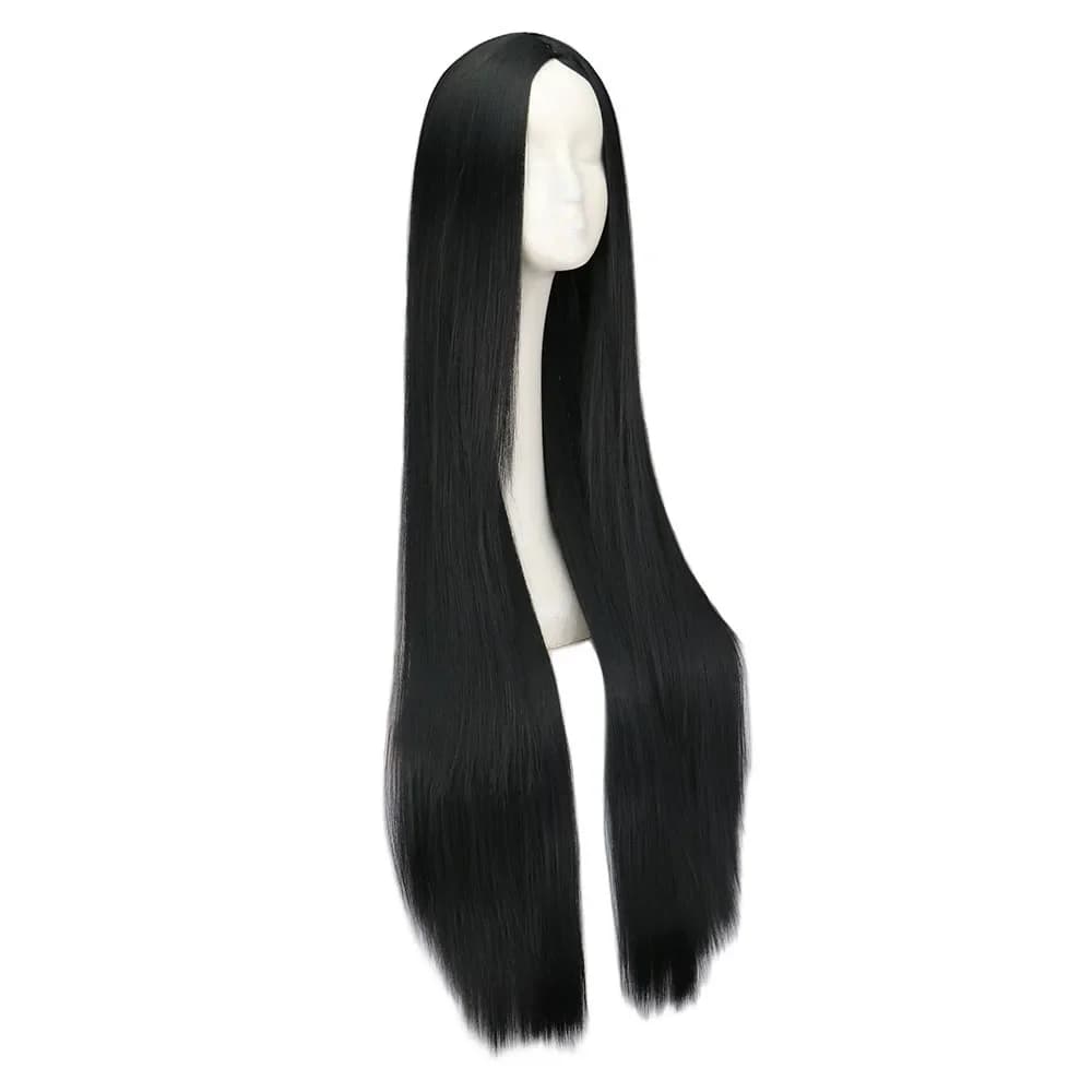 Perruque Synthétique Longue Noire de 100cm/40 ans, Cheveux Lisses, Degré de Chaleur, Costume de Carn