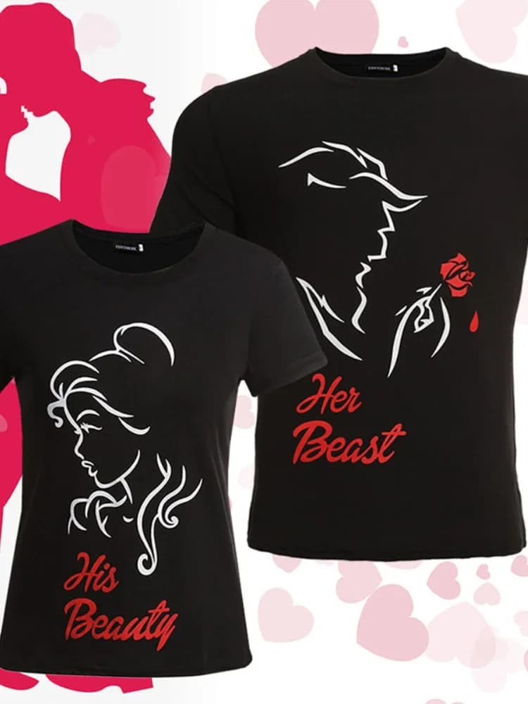 Sa beauté sa bête imprimer Couple t-shirt à manches courtes col rond ample roi reine t-shirt amoureu