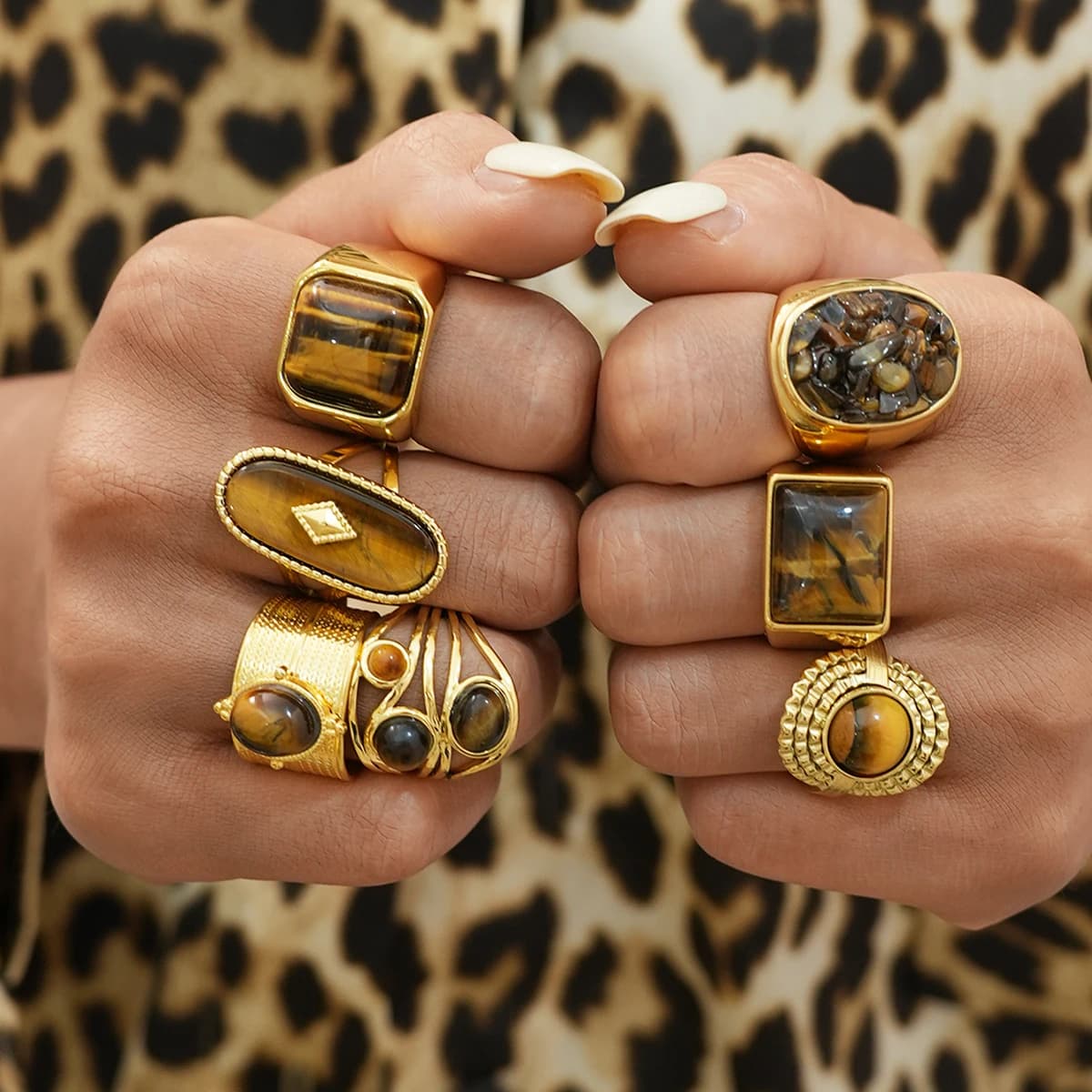 Bague ovale en pierre marron et acier inoxydable pour femmes, anneaux empilés réglables, bijoux cade