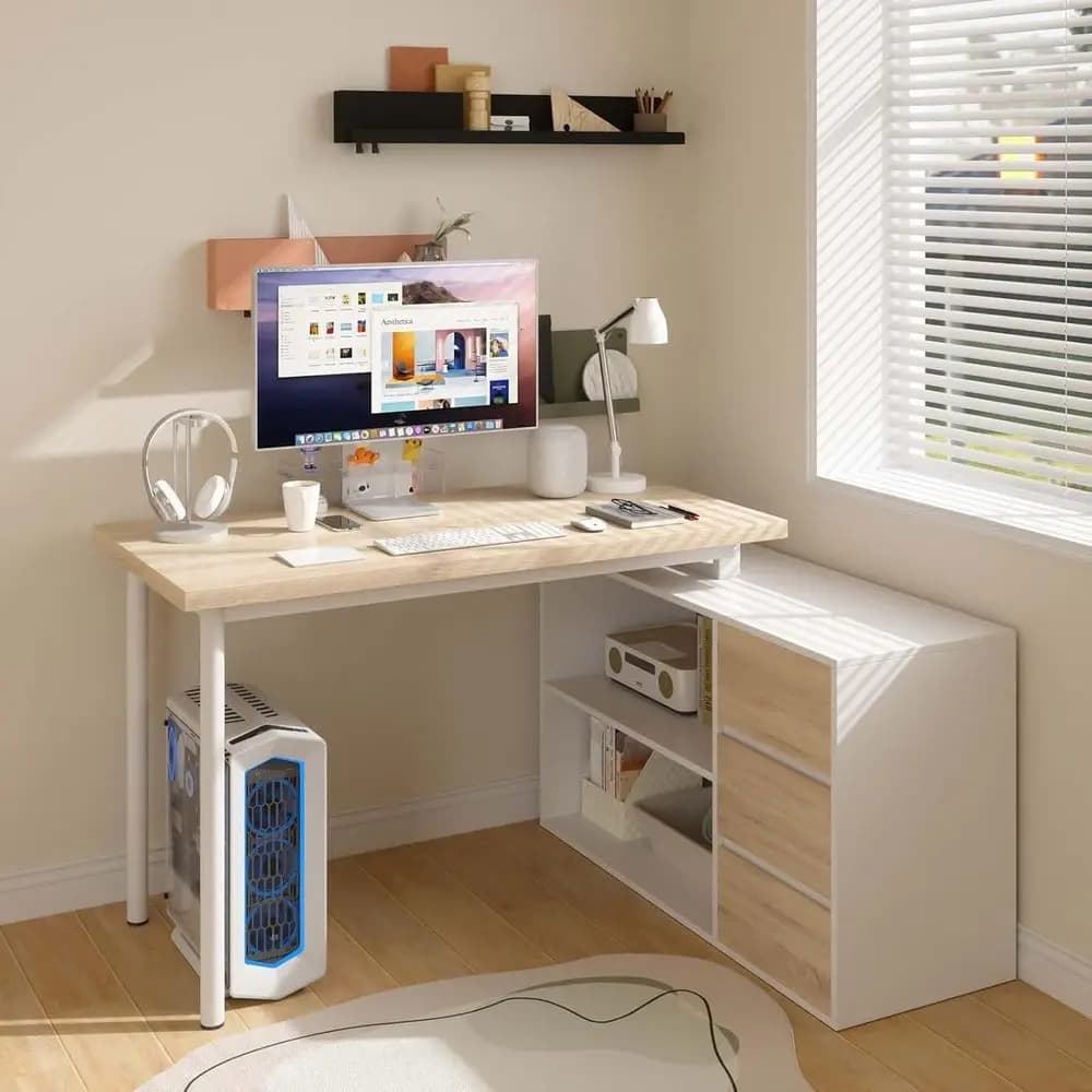 Bureau d'ordinateur en forme de L, bureau à domicile de 47 pouces avec tiroirs et étagères de rangem