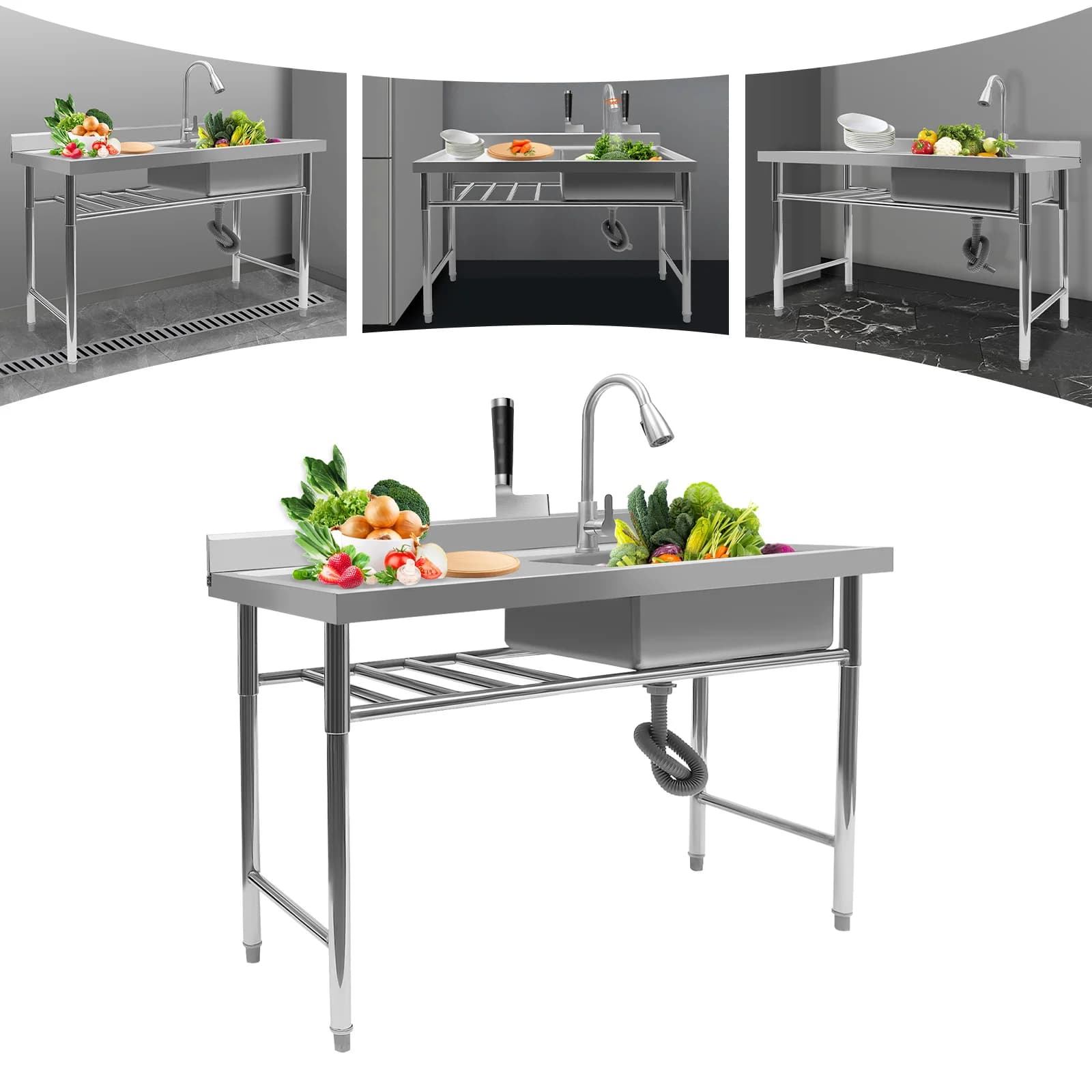 Évier de cuisine en acier inoxydable, 1 compartiment, vidange, utilitaire commercial