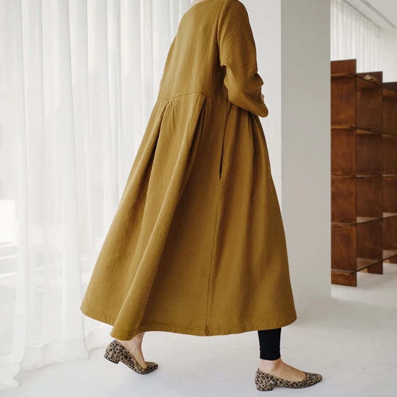 JohnMobNew-Robes coréennes pour femmes, vêtements d'automne, col rond, poches décontractées, ligne A