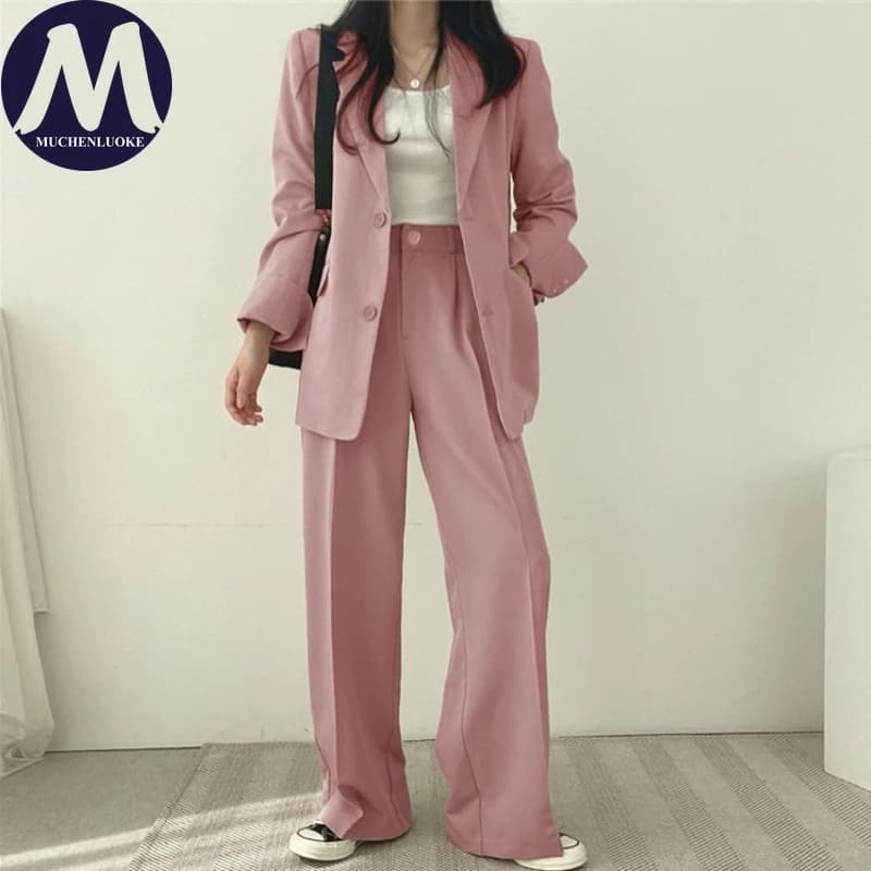 Ensemble deux pièces pour femmes, mode coréenne, blazer à manches longues et pantalon large, décontr