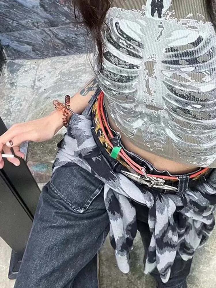 Punk Aesthetic Cyber Retro X-Ray Modules for Women, Rib Print, FibroArmyGreen Crop Top, Designer Clo