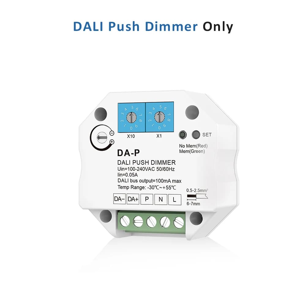 Gradateur LED Push avec fonction mémoire, pilote DALI ou ballasts, vitesse de gradation réglable, 11