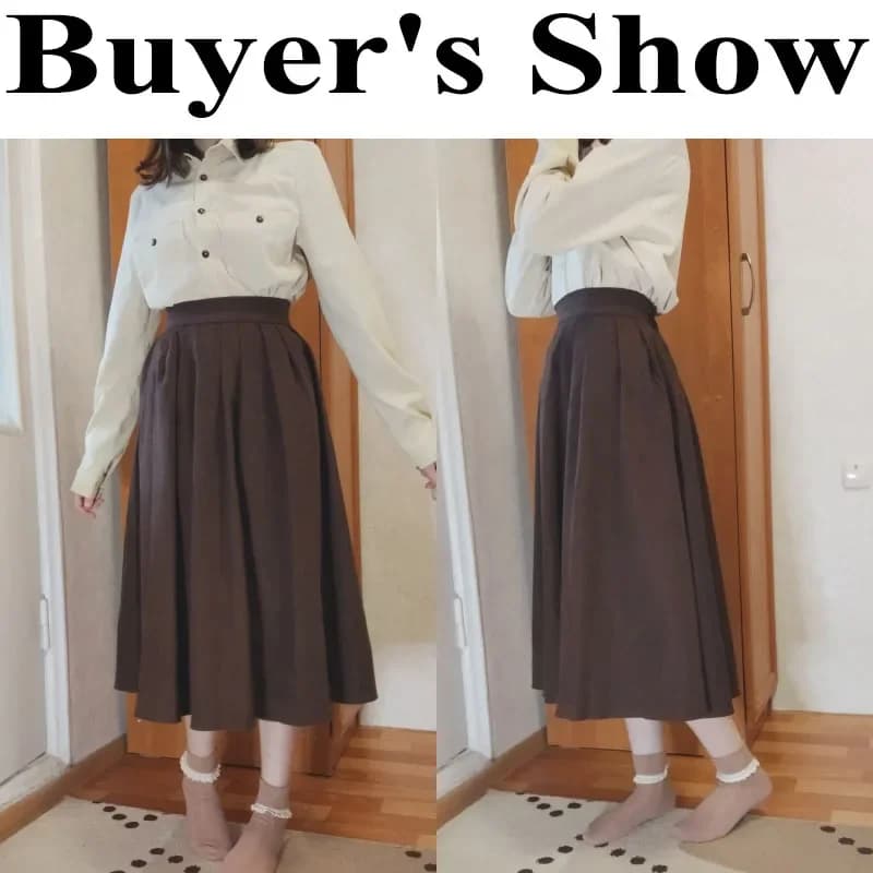 Xpqbb-Jupe Mi-Longue en Velours Côtelé pour Femme, Taille Haute, Style Collège, Plissée A-Line, Auto