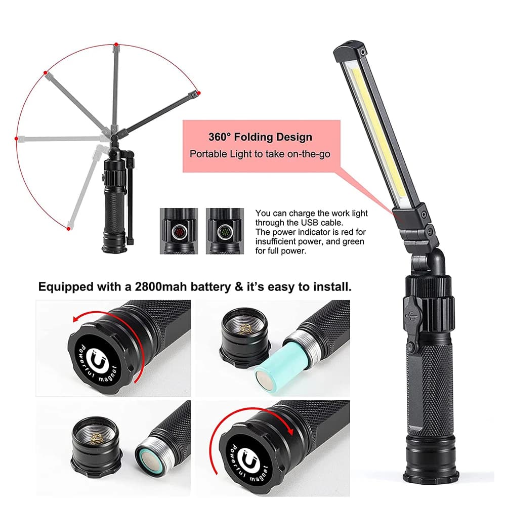 Lampe de travail pliable rechargeable lampe de poche LED ultra lumineuse avec lumière rouge 360 °   
