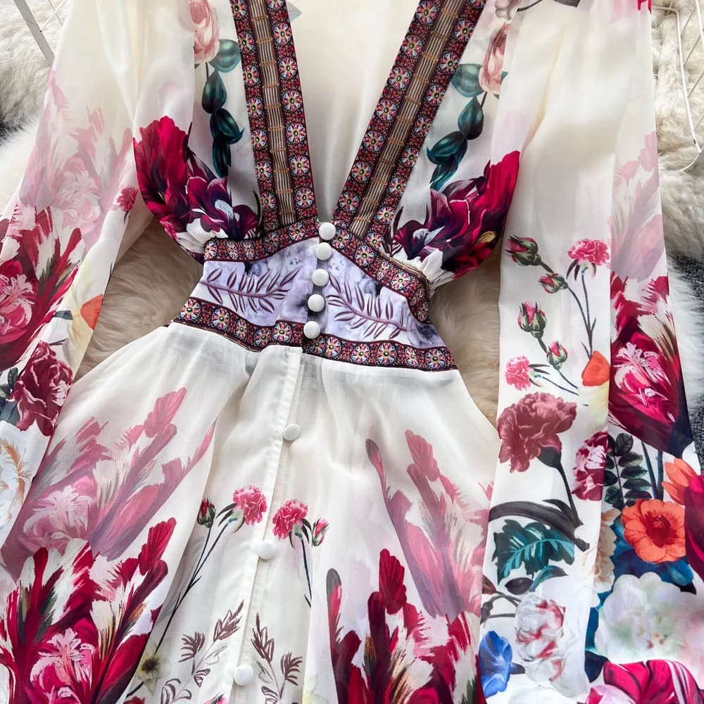 Robe de style bohème pour femme, col en V profond, manches longues, décontracté, imprimé floral, vol
