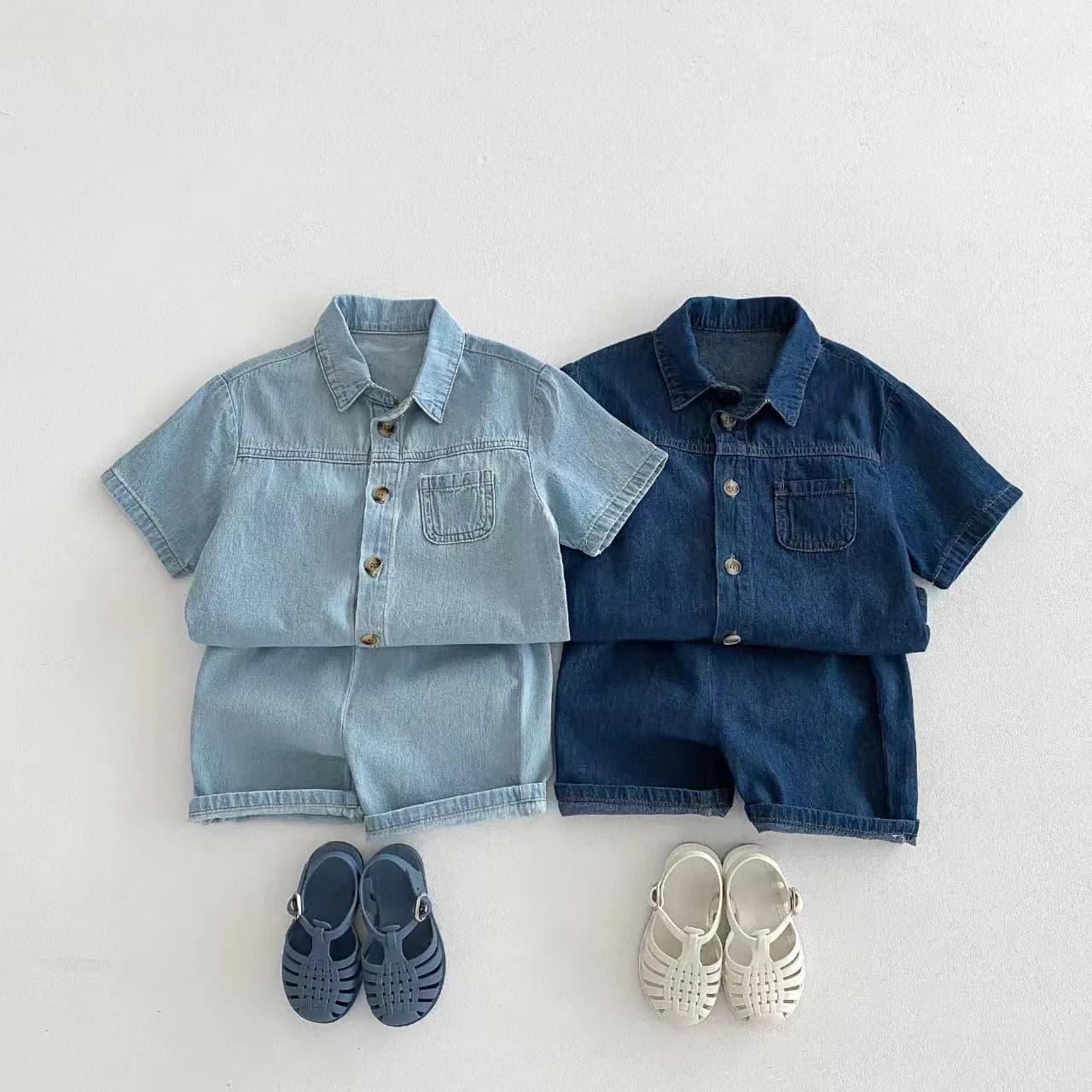 TZ2456 Ensemble de vêtements en jean pour enfants de style coréen, pantalon en jean à manches courte